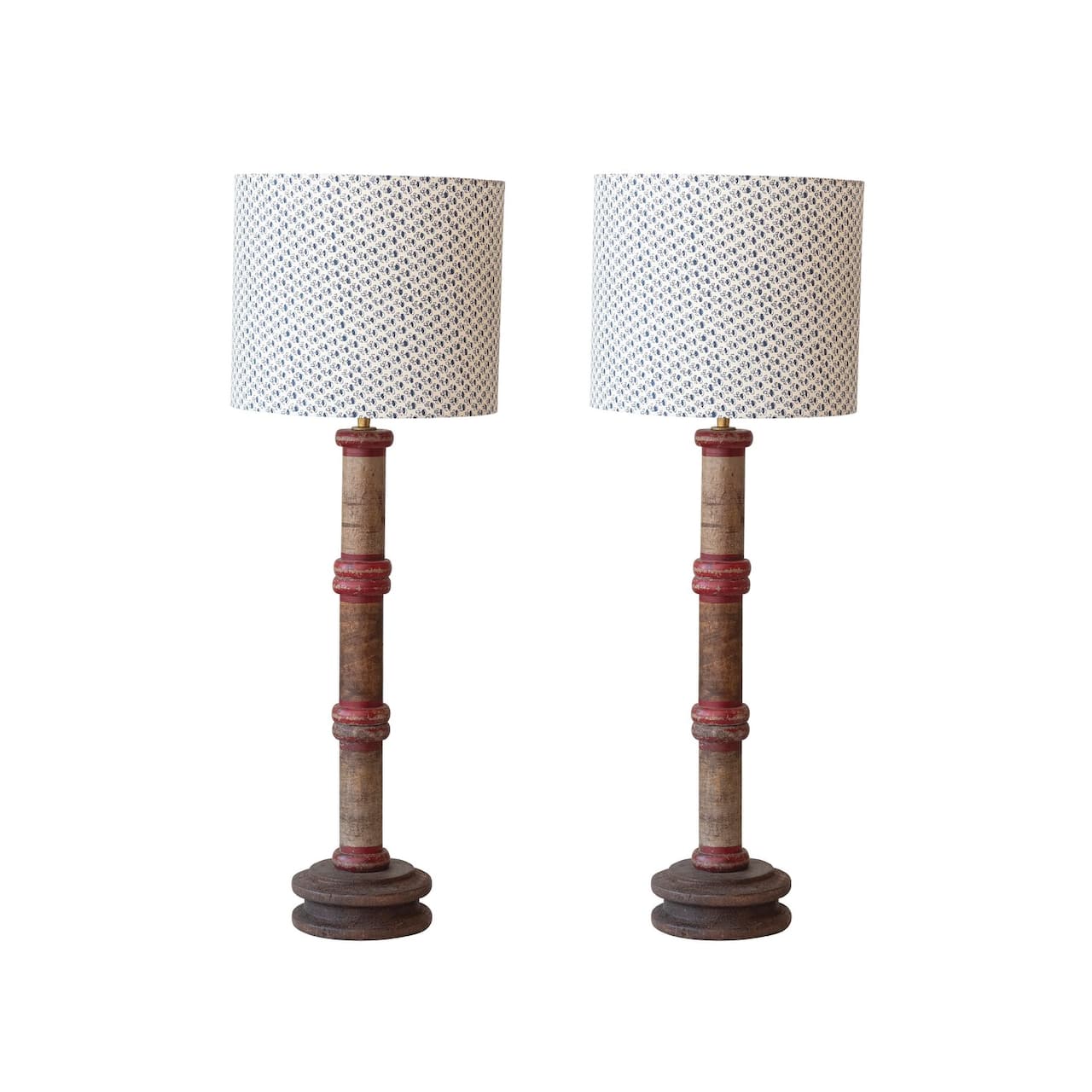 Hello Honey® 28" Multicolor Reclaimed Wood Spool Table Lamp with Cotton Shade, 2ct.